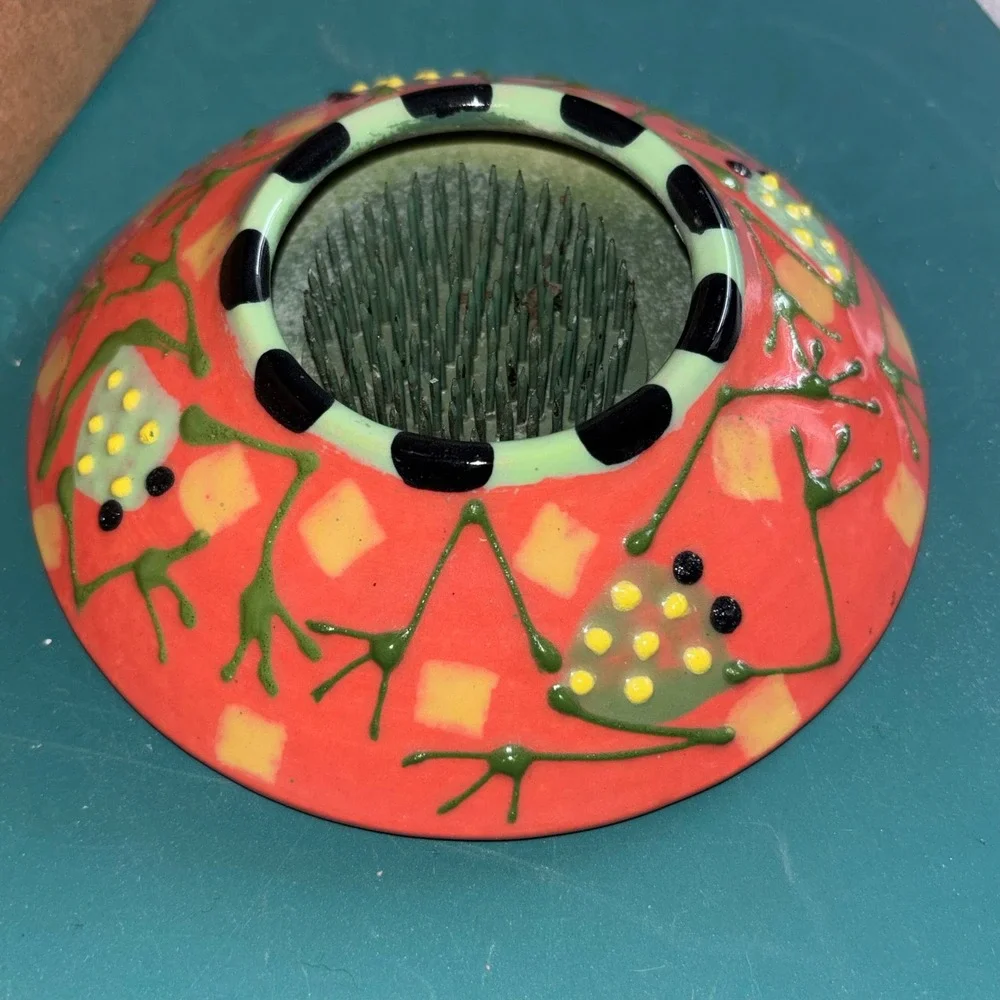 Whimsical Frog Flower Frog Kenzan Ikebana Vase‎ Ceramic Signed